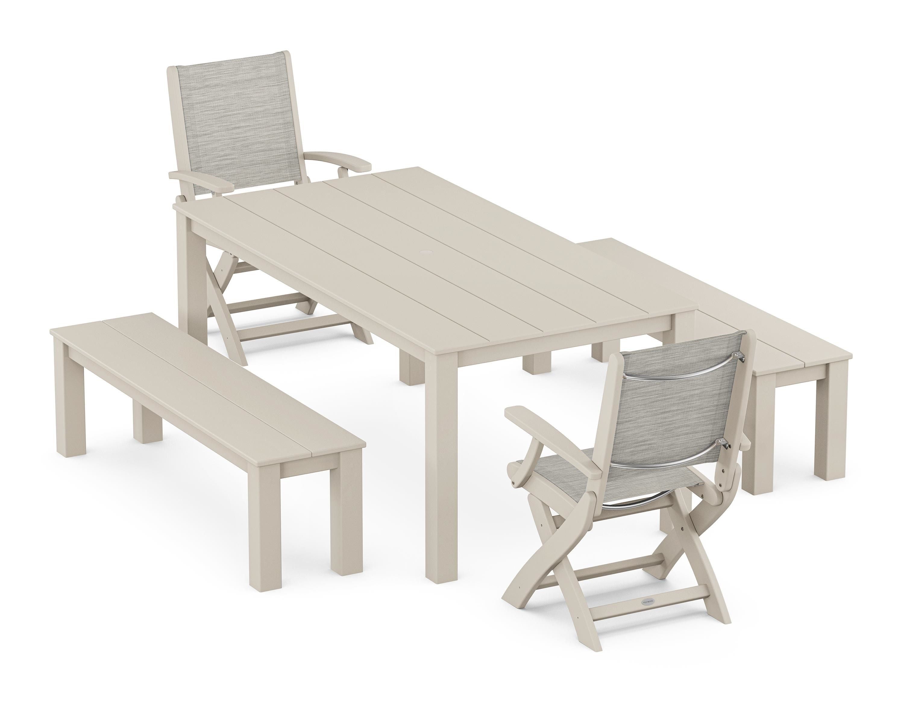 POLYWOOD® Coastal Folding Chair 5-Piece Parsons Dining Set with Benches in Sand / Birch Sling