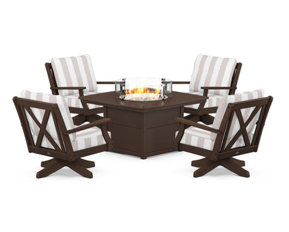 POLYWOOD® Braxton 5-Piece Deep Seating Swivel Conversation Set with Fire Pit Table in Mahogany / Cabana Stripe Dune Burlap