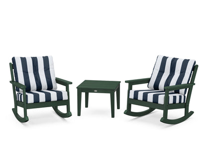 POLYWOOD® Vineyard 3-Piece Deep Seating Rocker Set in Green / Cabana Stripe Marine Indigo