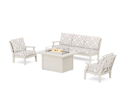 POLYWOOD® Braxton Deep Seating Fire Pit Table Set in Sand / Trellis Dune Burlap