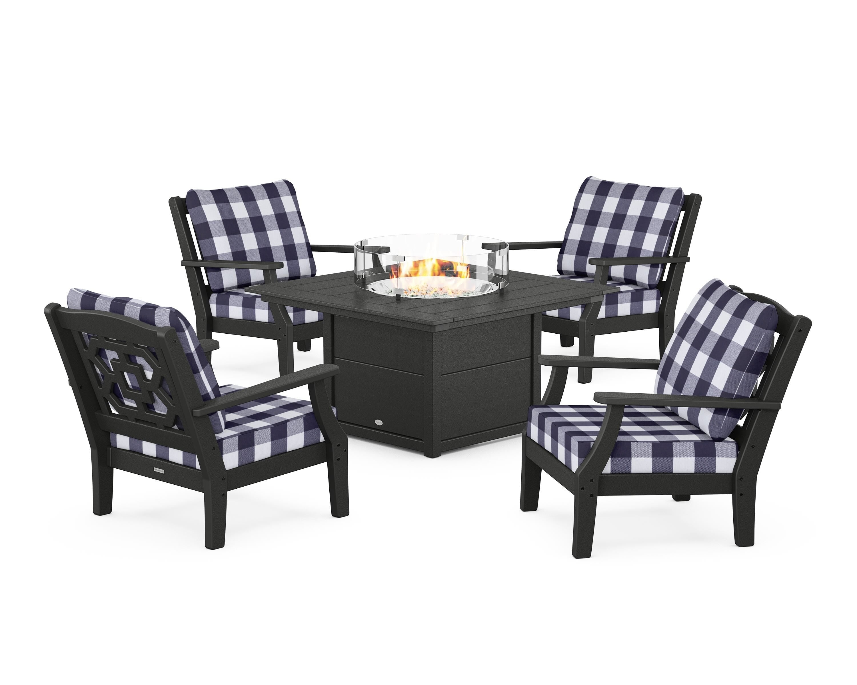 Martha Stewart by POLYWOOD® Chinoiserie 5-Piece Deep Seating Set with Fire Pit Table in Black / Buffalo Plaid Navy