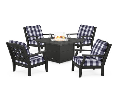 Martha Stewart by POLYWOOD® Chinoiserie 5-Piece Deep Seating Set with Fire Pit Table in Black / Buffalo Plaid Navy