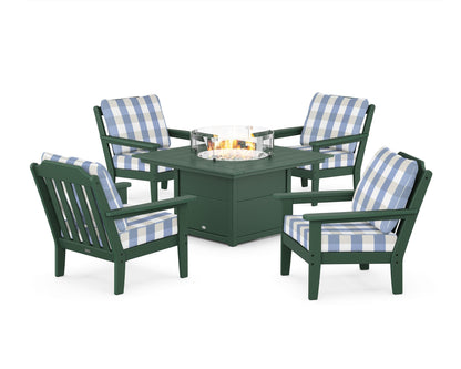 Country Living Cottage 5-Piece Deep Seating Set with Fire Pit Table in Green / Buffalo Plaid Sky Blue