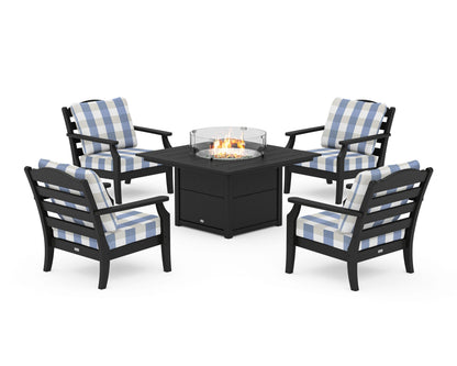 Draper James™ by  POLYWOOD® Savannah 5-Piece Deep Seating Set with Fire Pit Table in Black / Buffalo Plaid Sky Blue