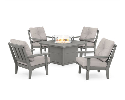 POLYWOOD® Oxford 5-Piece Deep Seating Set with Fire Pit Table in Slate Grey / Dune Burlap