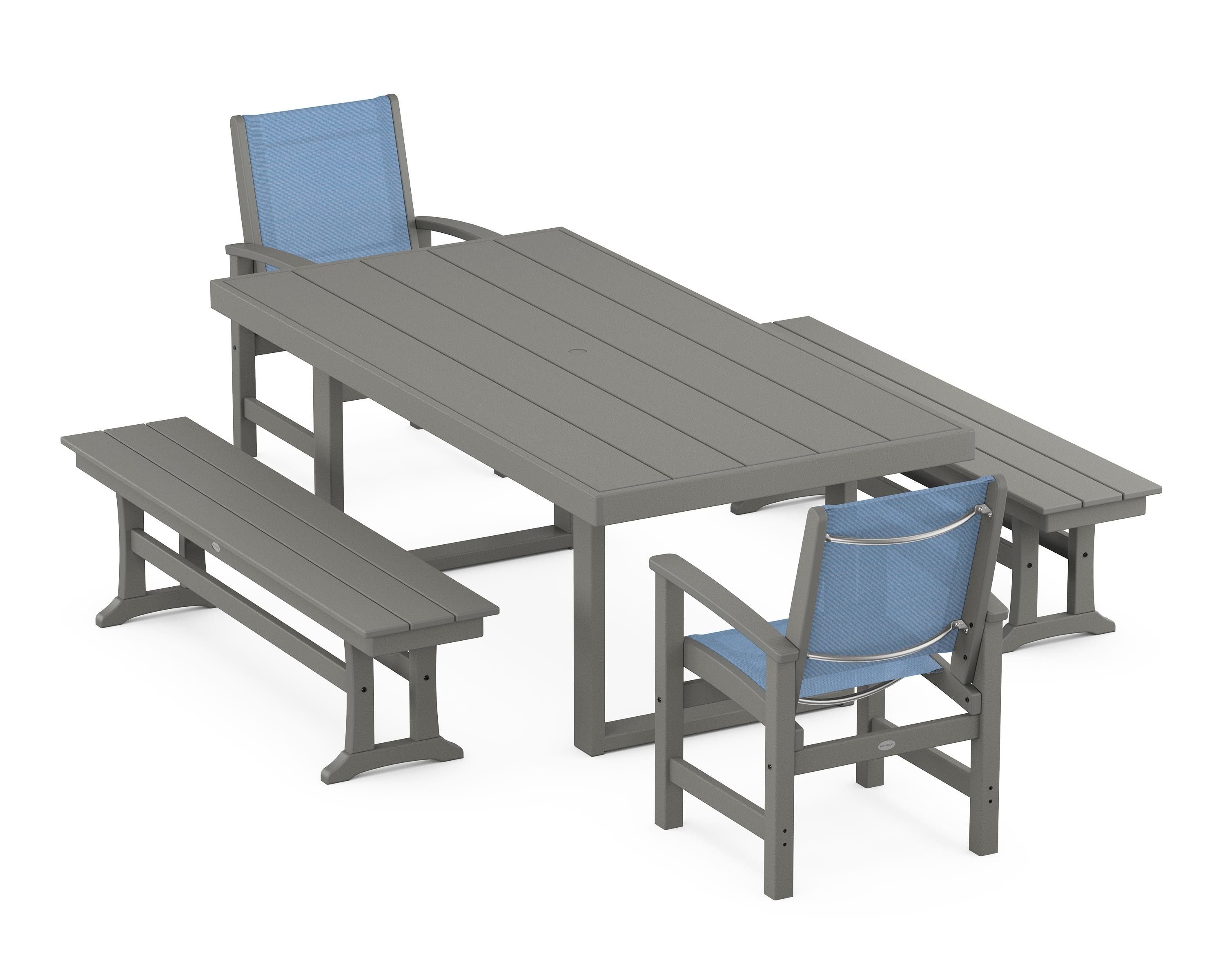 POLYWOOD® Coastal 5-Piece Dining Set with Trestle Legs in Slate Grey / Poolside Sling