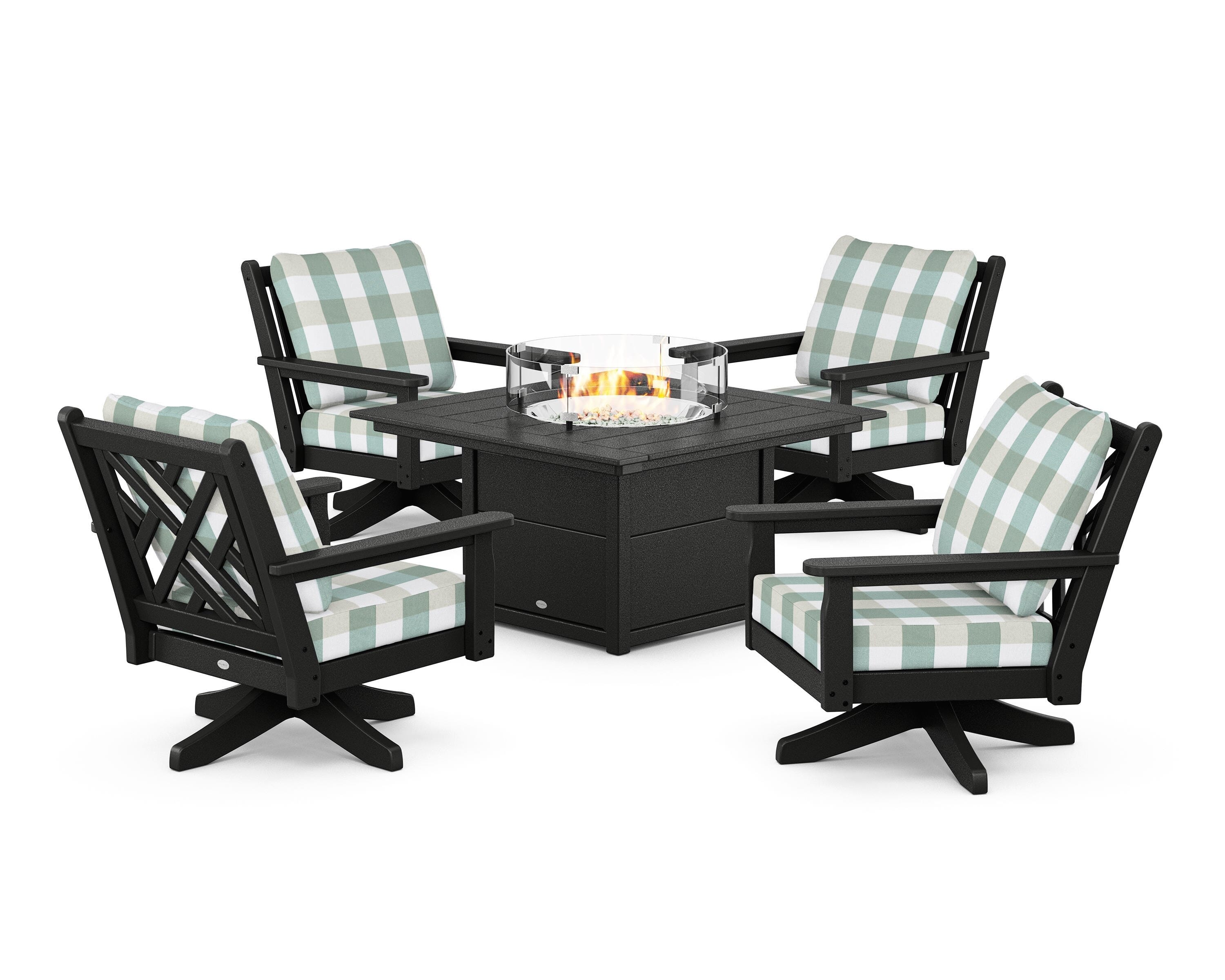 POLYWOOD® Chippendale 5-Piece Deep Seating Swivel Conversation Set with Fire Pit Table in Black / Buffalo Plaid Glacier Spa