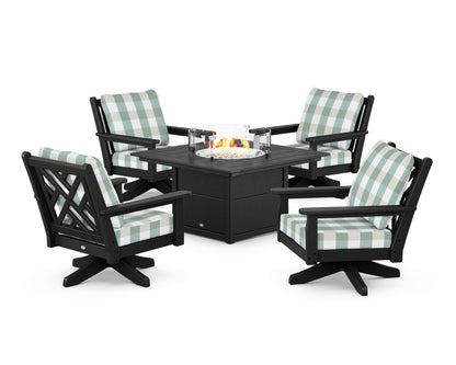 POLYWOOD® Chippendale 5-Piece Deep Seating Swivel Conversation Set with Fire Pit Table in Black / Buffalo Plaid Glacier Spa