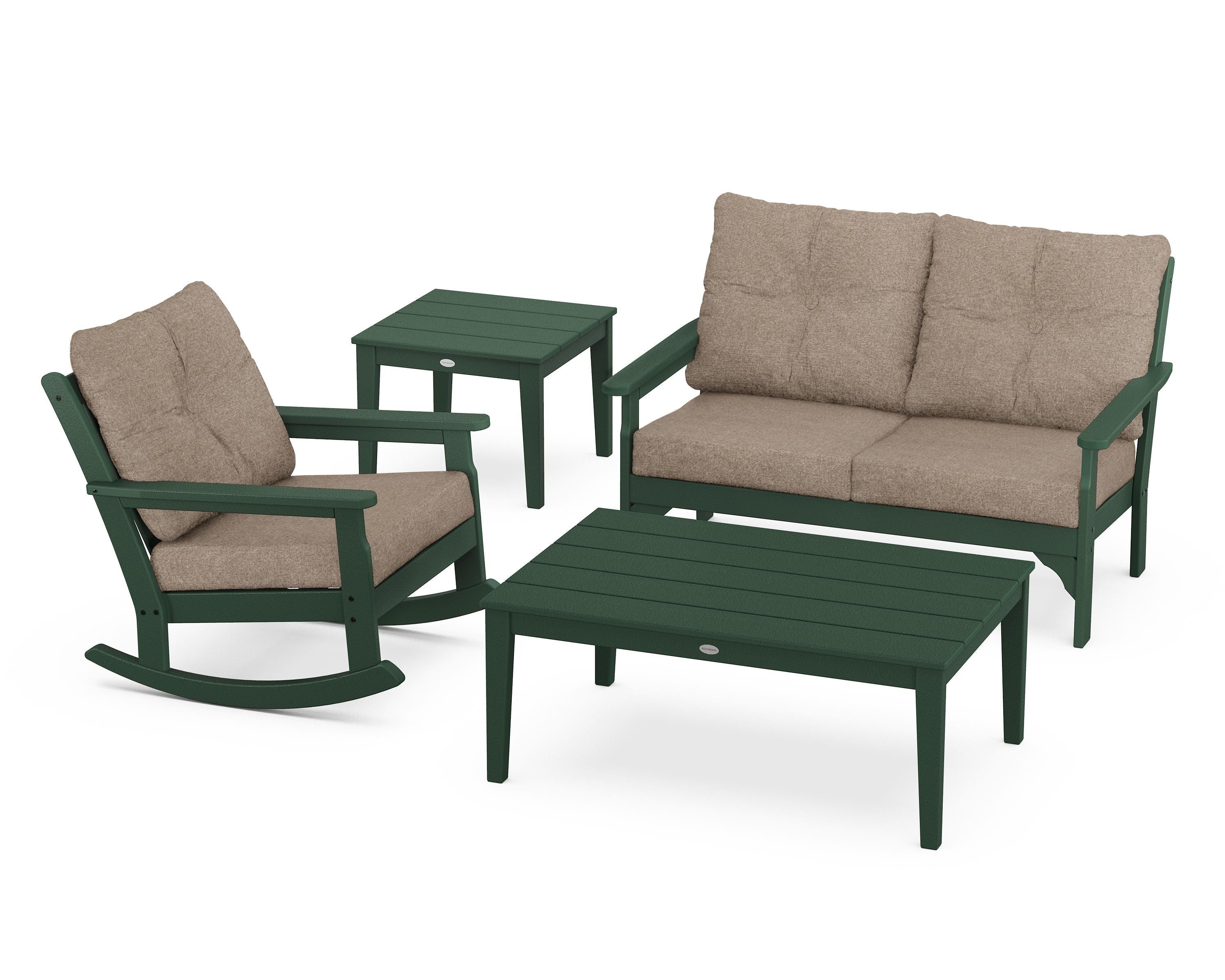 POLYWOOD® Vineyard 4-Piece Deep Seating Rocker Set in Green / Spiced Burlap