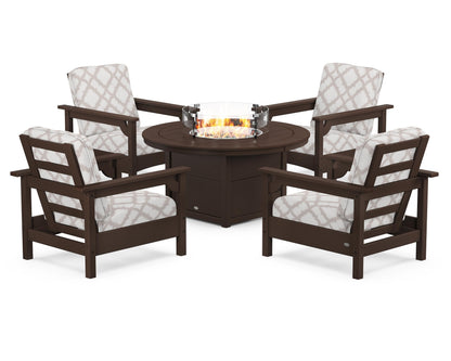 POLYWOOD® Club 5-Piece Conversation Set with Fire Pit Table in Mahogany / Trellis Dune Burlap