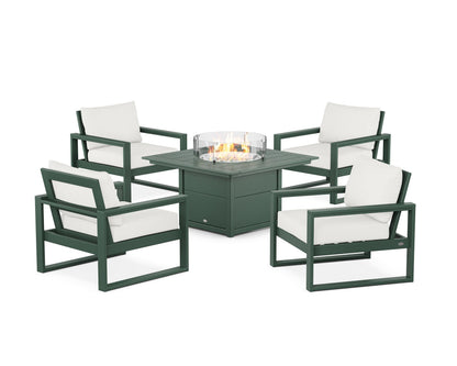 POLYWOOD® EDGE Sectional 5-Piece Deep Seating Set with Fire Pit Table in Green / Natural Linen