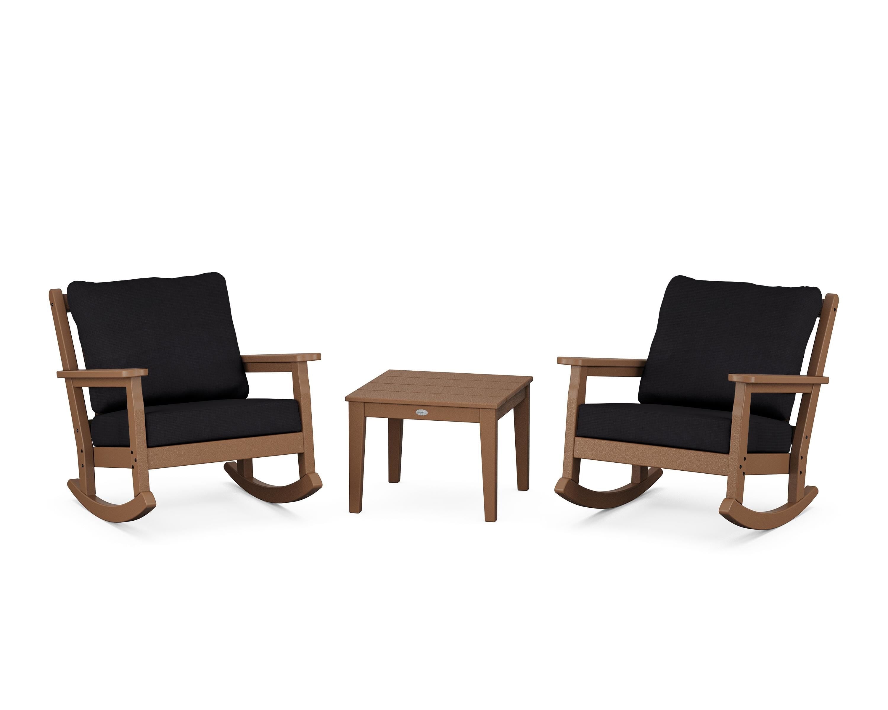 POLYWOOD® Chippendale 3-Piece Deep Seating Rocker Set in Teak / Midnight Linen