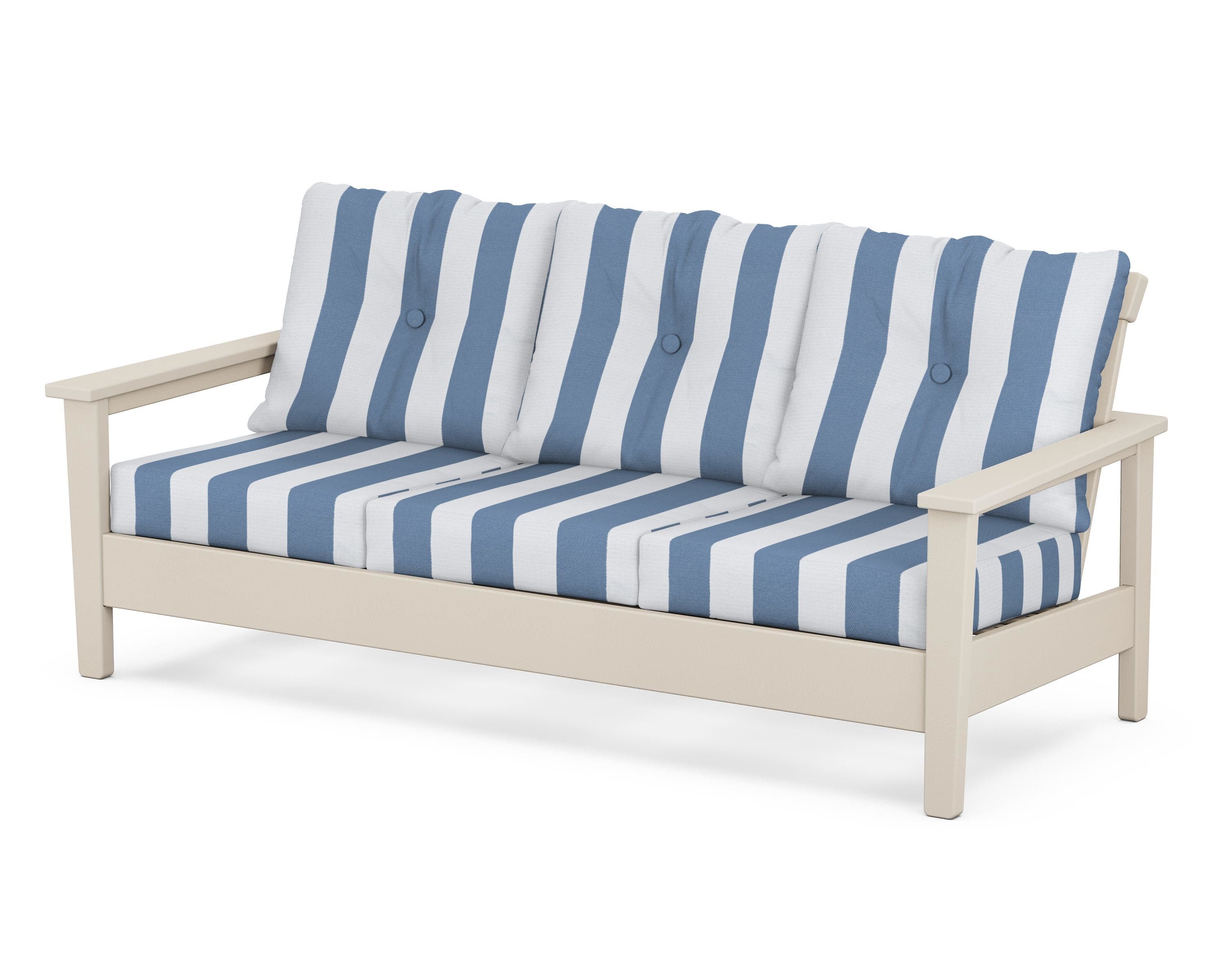 POLYWOOD® Prescott Deep Seating Sofa in Sand / Cabana Stripe Sky Blue