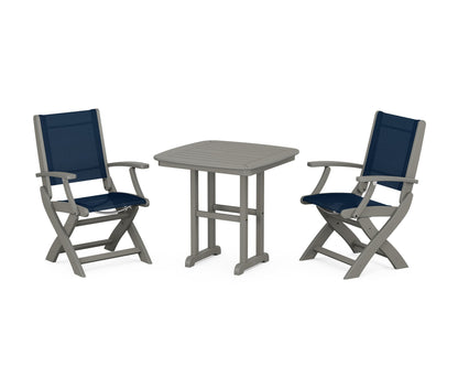 POLYWOOD® Coastal Folding Chair 3-Piece Dining Set in Slate Grey / Navy Blue Sling