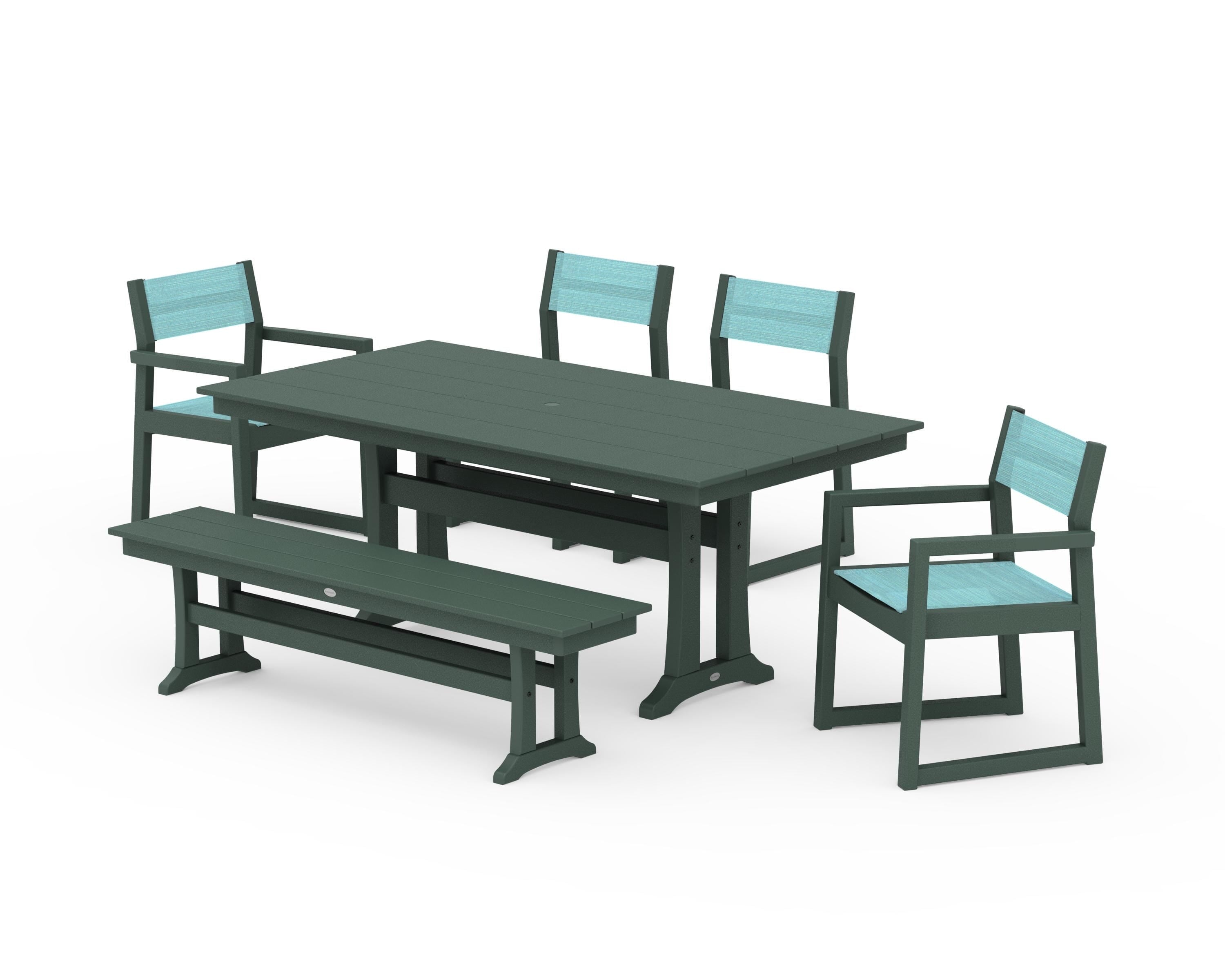 POLYWOOD® EDGE Sling 6-Piece Farmhouse Dining Set With Trestle Legs in Green / Dupioni Aquamarine Sling