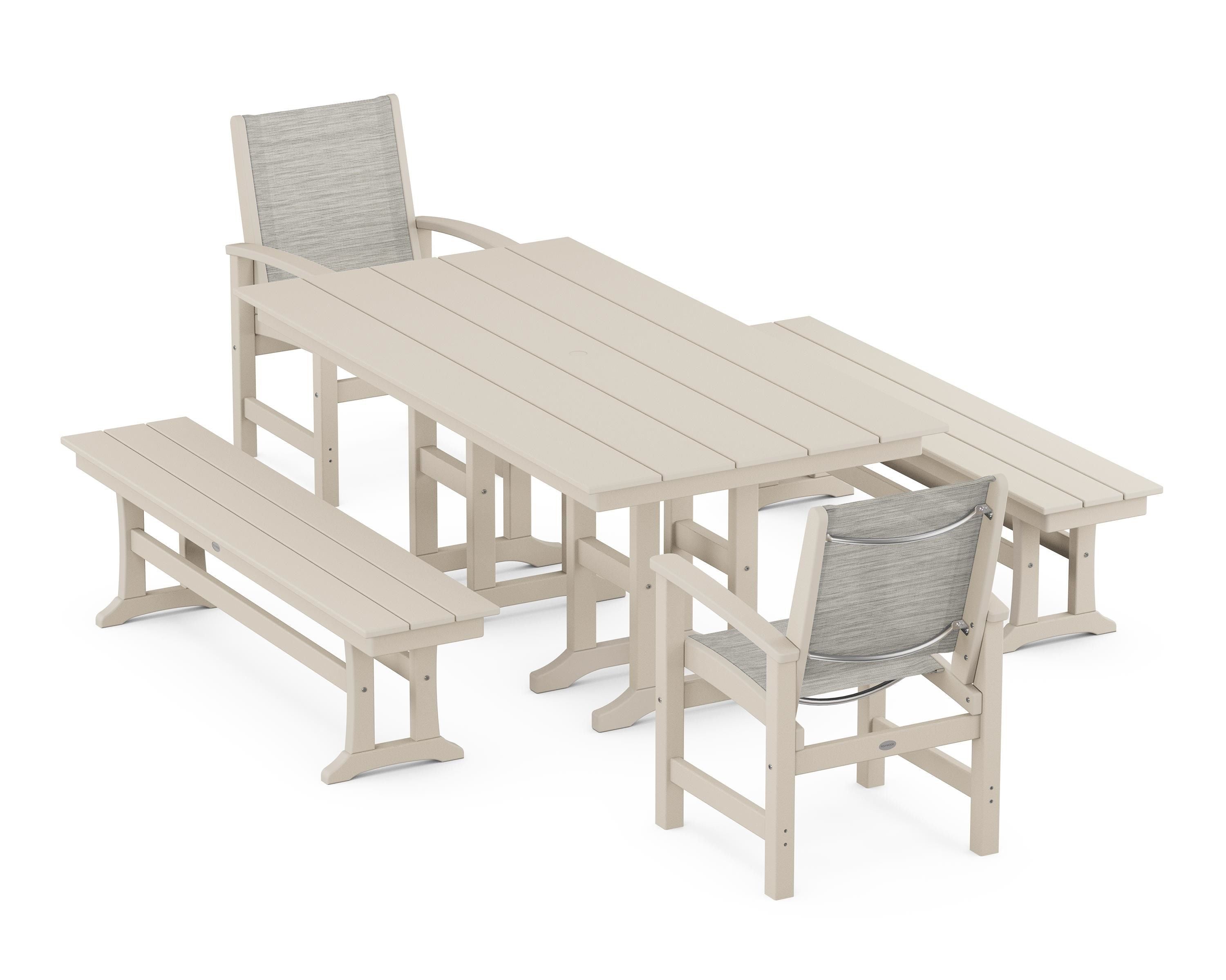 POLYWOOD® Coastal 5-Piece Farmhouse Dining Set in Sand / Birch Sling