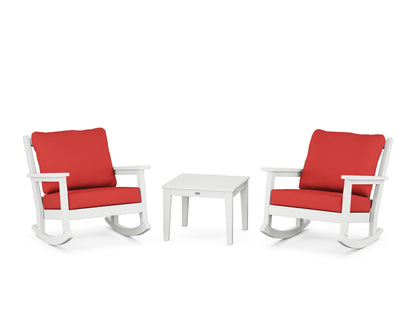 POLYWOOD® Chippendale 3-Piece Deep Seating Rocker Set in White / Crimson Linen