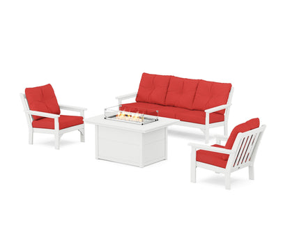 POLYWOOD® Vineyard Deep Seating Fire Pit Table Set in White / Crimson Linen