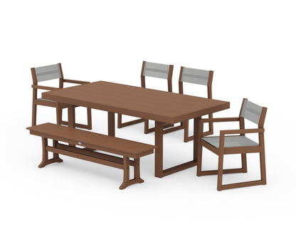 POLYWOOD® EDGE Sling 6-Piece Dining Set with Bench in Teak / Metallic Sling