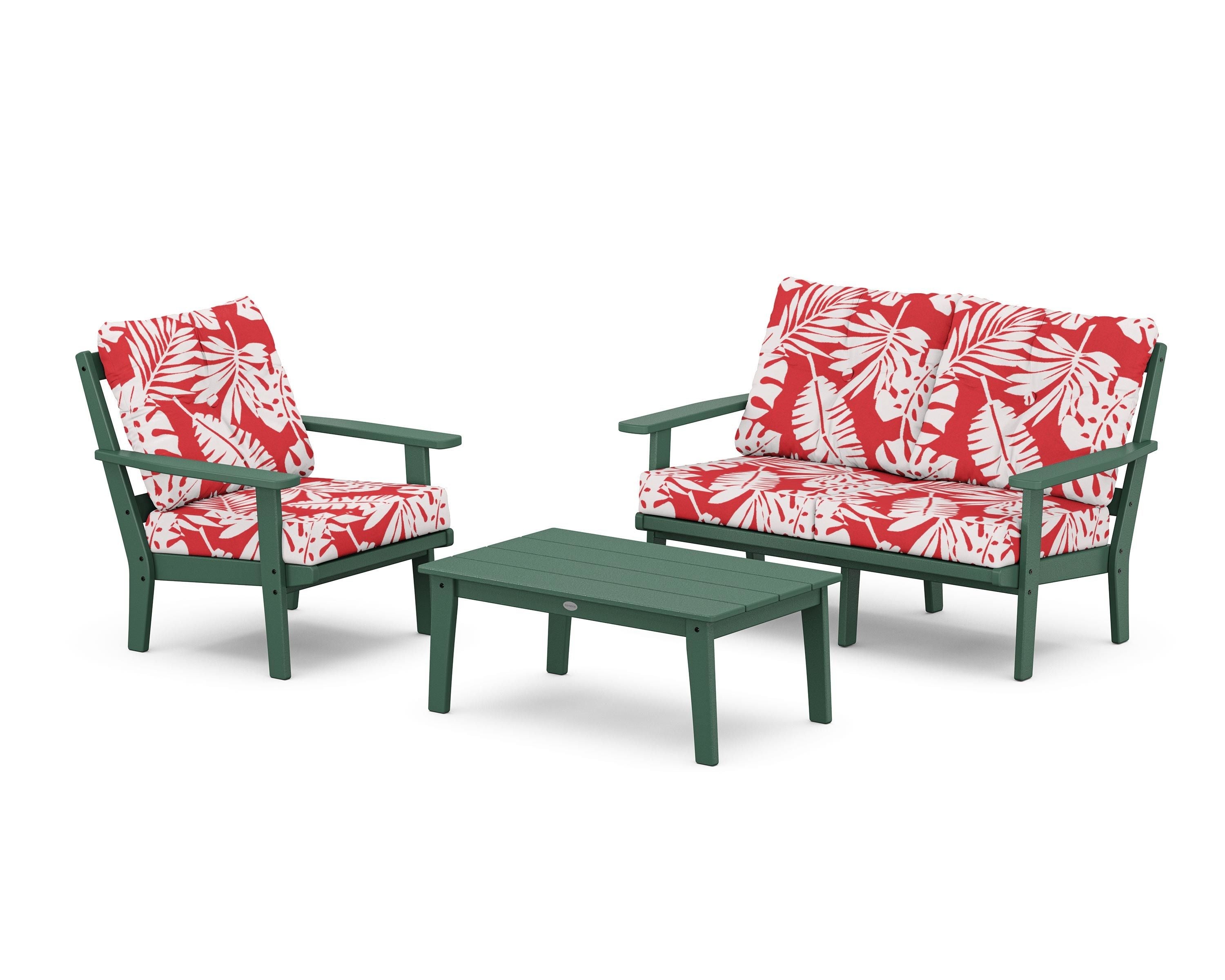 POLYWOOD® Oxford 3-Piece Deep Seating Set with Loveseat in Green / Leaf Crimson