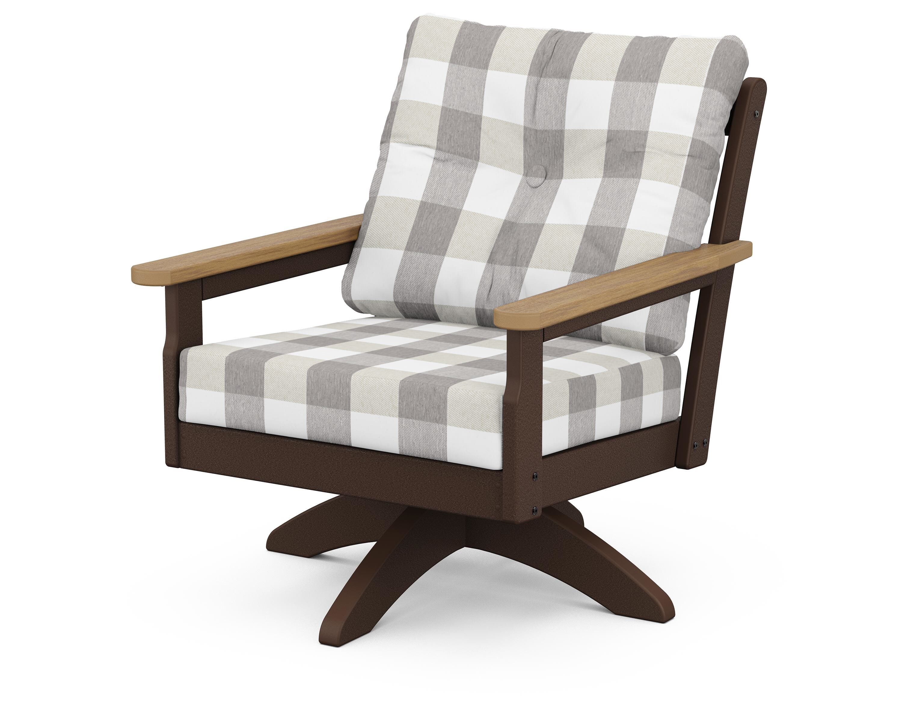 POLYWOOD® Vineyard Deep Seating Swivel Chair in Mahogany / Natural / Buffalo Plaid Grey Mist
