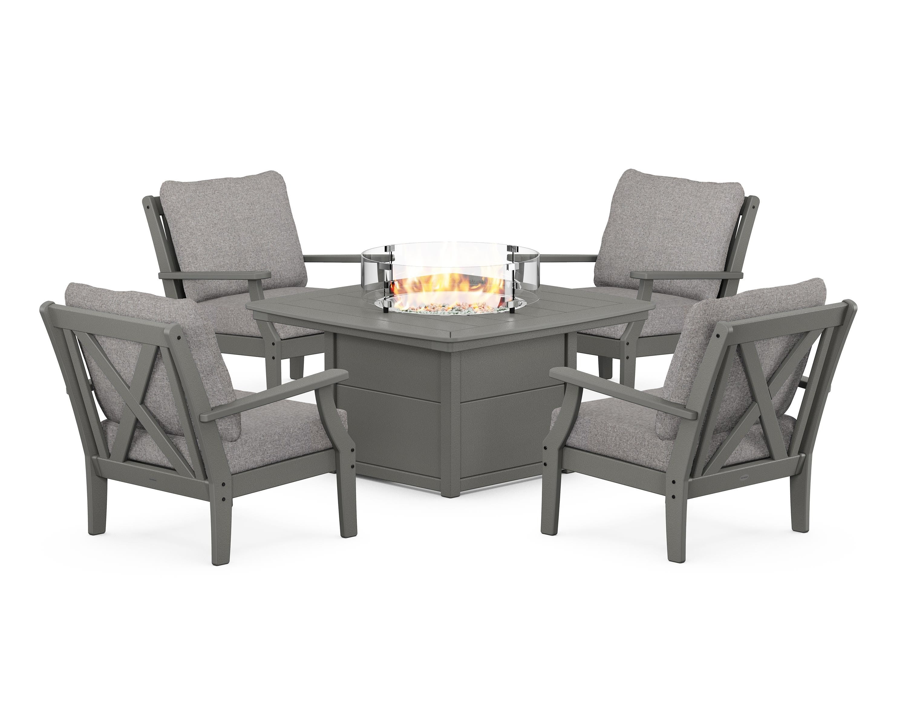 POLYWOOD® Braxton 5-Piece Deep Seating Conversation Set with Fire Pit Table in Slate Grey / Grey Mist
