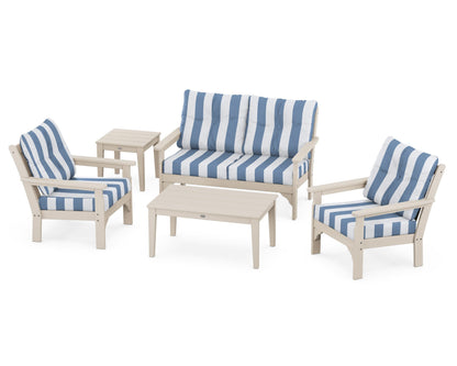 POLYWOOD® Vineyard 5-Piece Deep Seating Set in Sand / Cabana Stripe Sky Blue