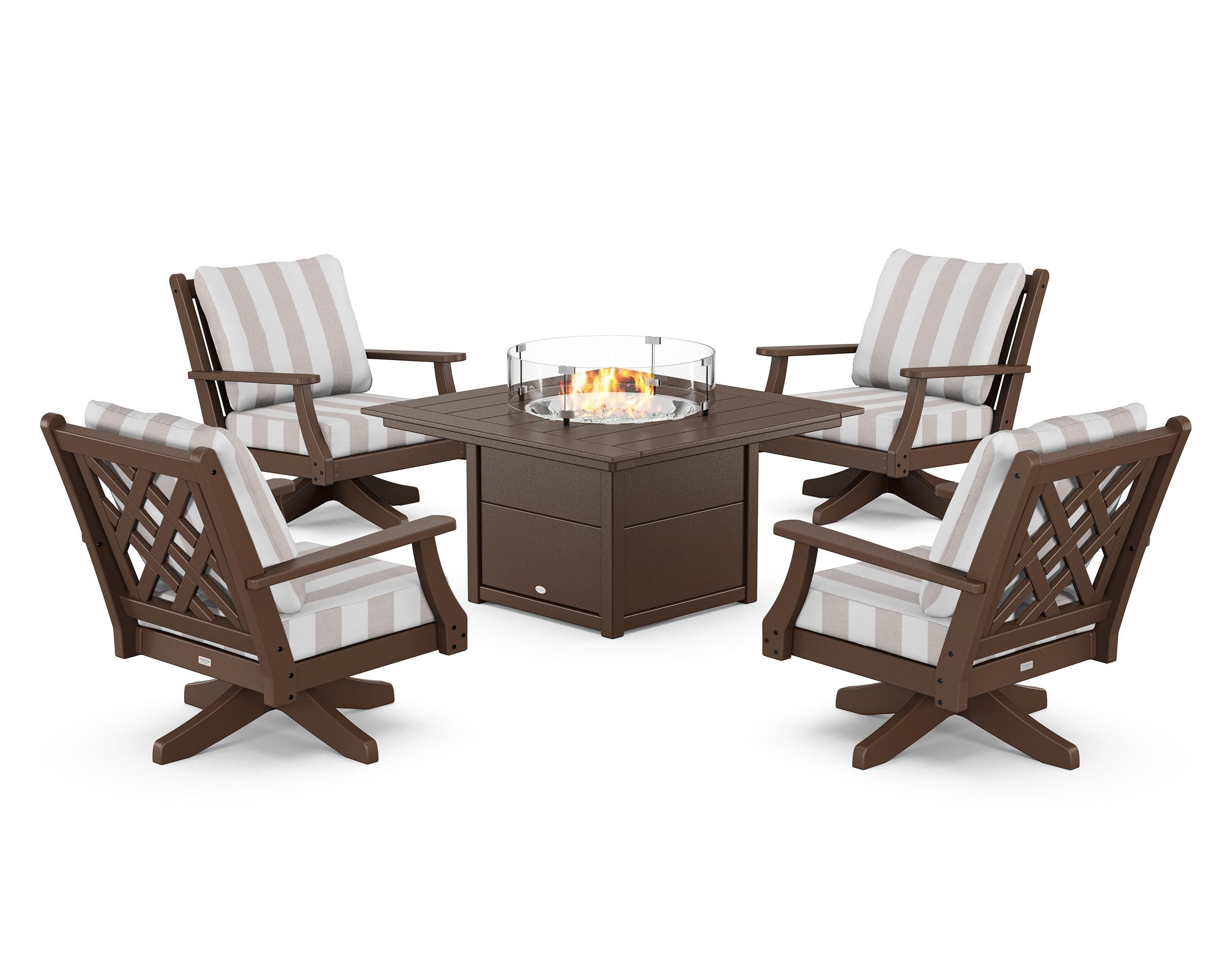 Country Living Wovendale 5-Piece Deep Seating Swivel Conversation Set with Fire Pit Table in Mahogany / Cabana Stripe Dune Burlap