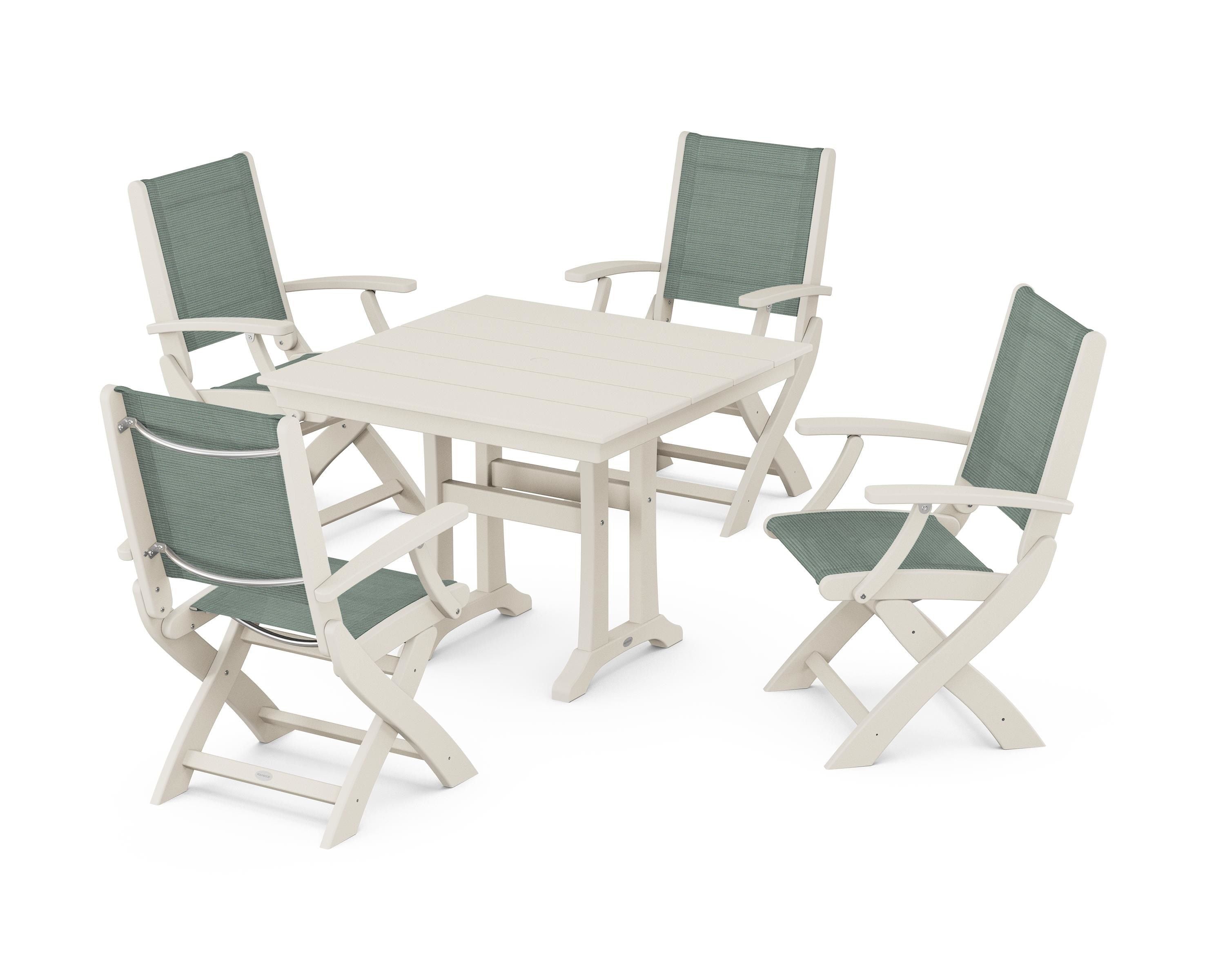 POLYWOOD® Coastal Folding Chair 5-Piece Farmhouse Dining Set With Trestle Legs in Sand / Dupioni Sea Mist Sling