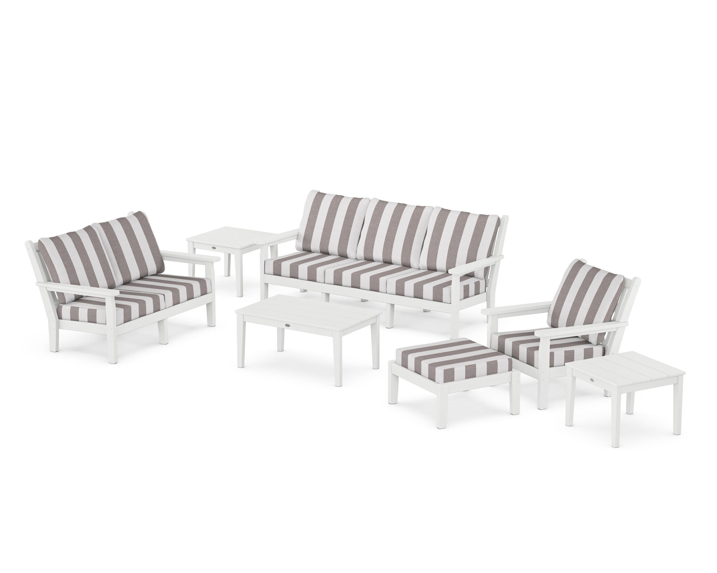 POLYWOOD® Chippendale 7-Piece Deep Seating Set in White / Cabana Stripe Grey Mist