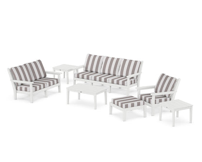 POLYWOOD® Chippendale 7-Piece Deep Seating Set in White / Cabana Stripe Grey Mist