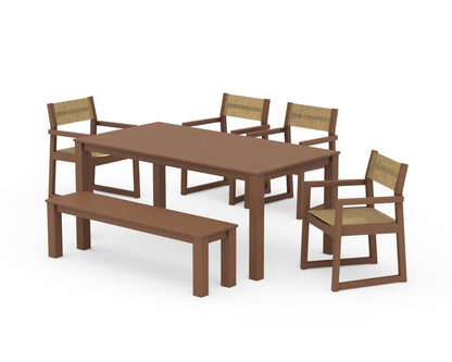 POLYWOOD® EDGE Sling Arm Chair 6-Piece Parsons Dining Set with Bench in Teak / Burlap Sling