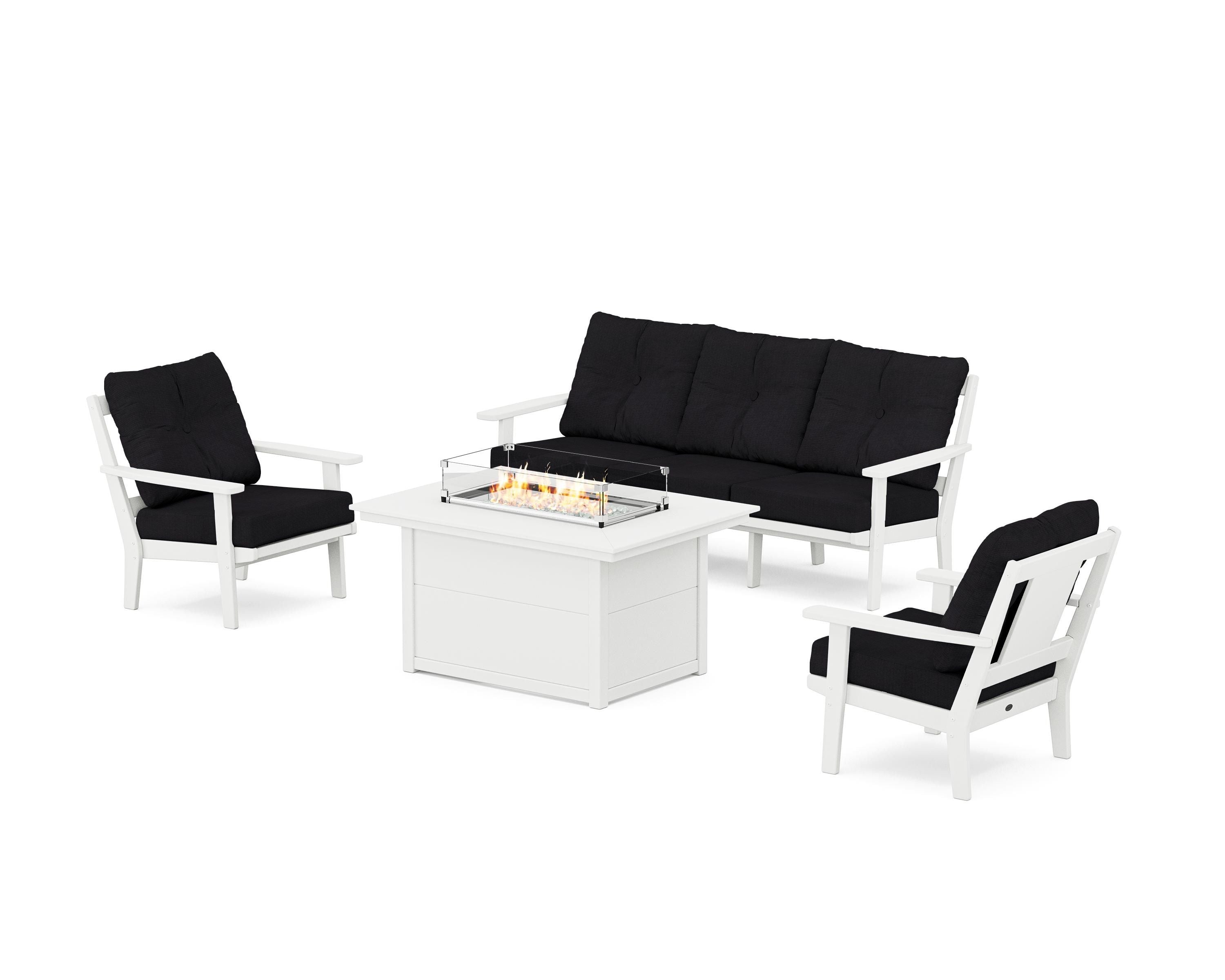 POLYWOOD® Prairie Deep Seating Fire Pit Table Set in White / Midnight Linen