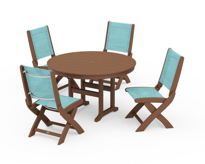 POLYWOOD® Coastal Folding Side Chair 5-Piece Round Dining Set in Teak / Dupioni Aquamarine Sling