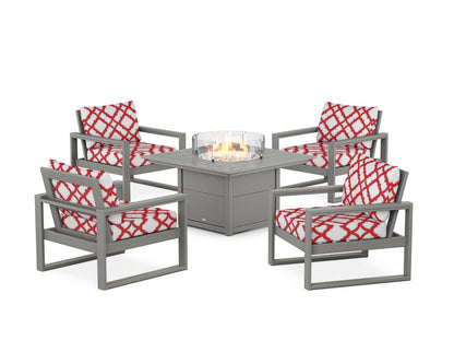 POLYWOOD® EDGE Sectional 5-Piece Deep Seating Set with Fire Pit Table in Slate Grey / Trellis Crimson