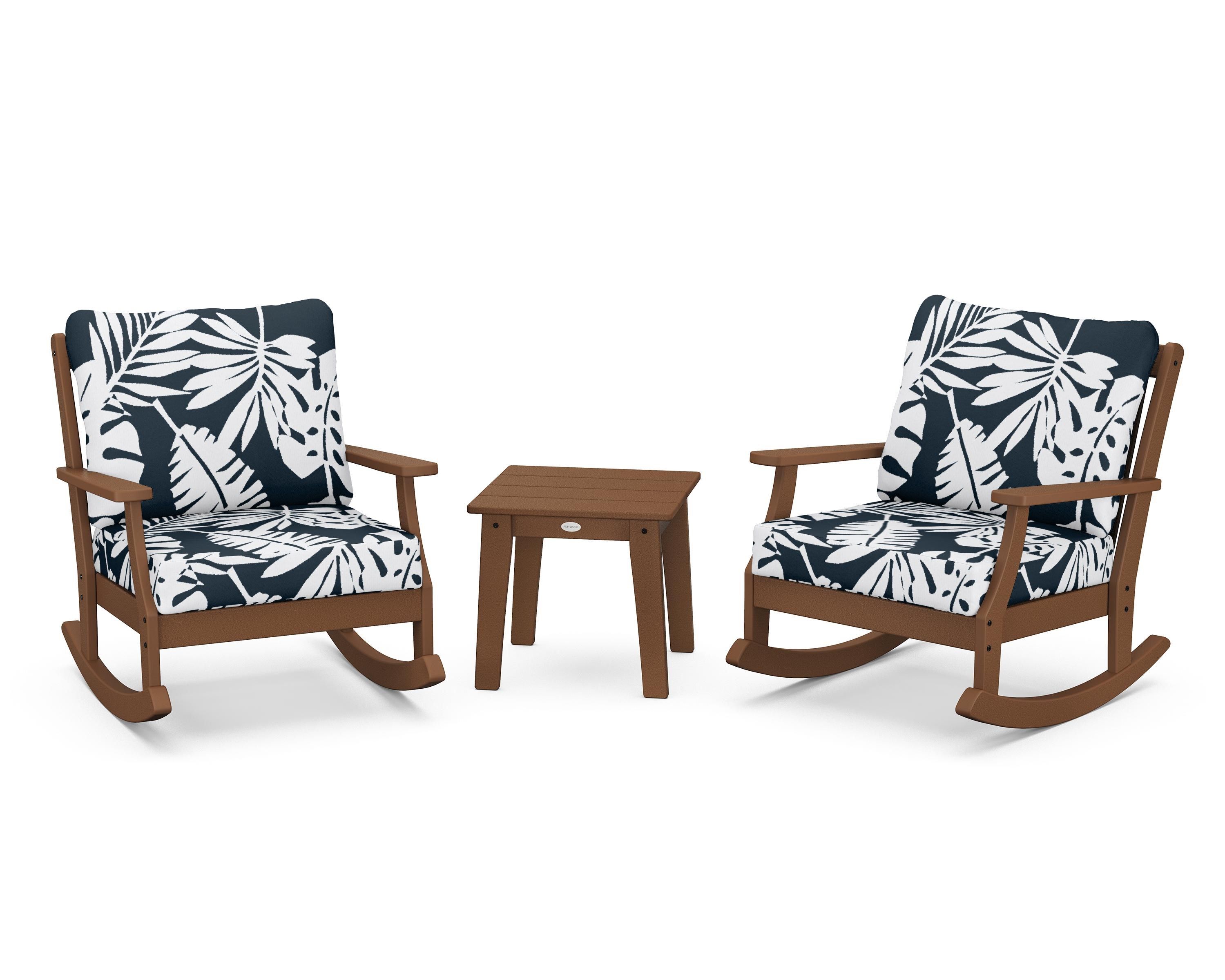 POLYWOOD® Braxton 3-Piece Deep Seating Rocker Set in Teak / Leaf Marine Indigo