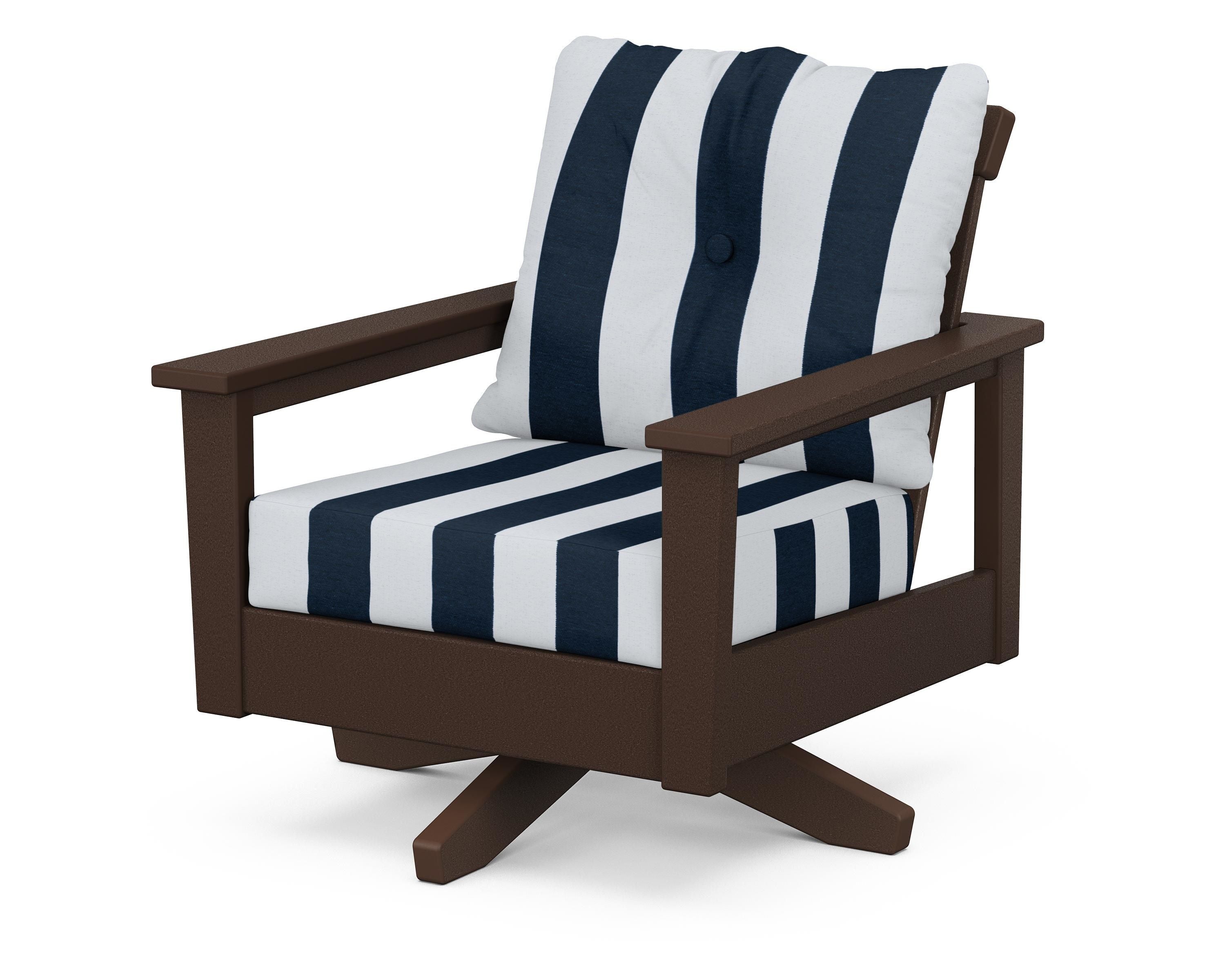 POLYWOOD® Prescott Deep Seating Swivel Chair in Mahogany / Cabana Stripe Marine Indigo