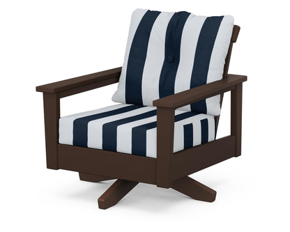 POLYWOOD® Prescott Deep Seating Swivel Chair in Mahogany / Cabana Stripe Marine Indigo
