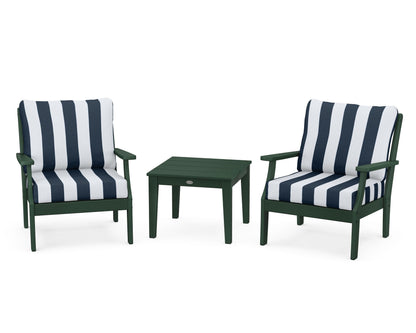 POLYWOOD® Braxton 3-Piece Deep Seating Set in Green / Cabana Stripe Marine Indigo