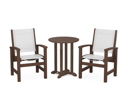 POLYWOOD® Coastal 3-Piece Round Bistro Dining Set in Mahogany / White Sling