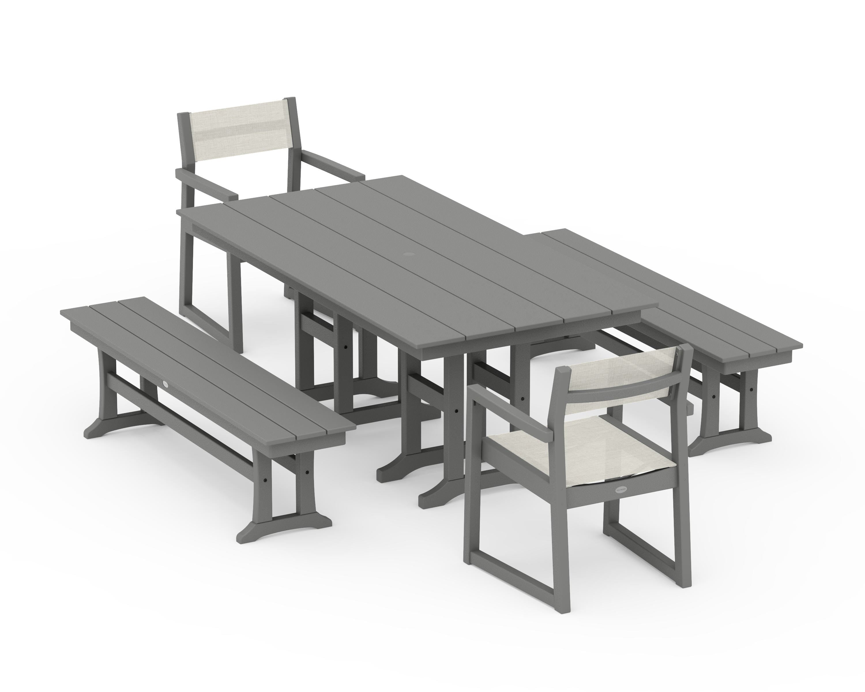POLYWOOD® EDGE Sling Arm Chair 5-Piece Farmhouse Dining Set with Benches in Slate Grey / Parchment Sling