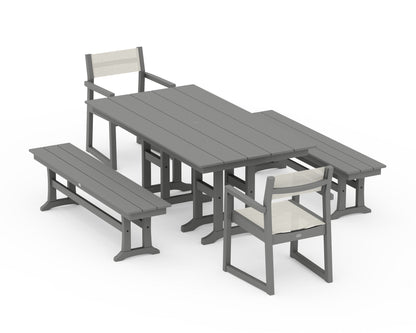 POLYWOOD® EDGE Sling Arm Chair 5-Piece Farmhouse Dining Set with Benches in Slate Grey / Parchment Sling