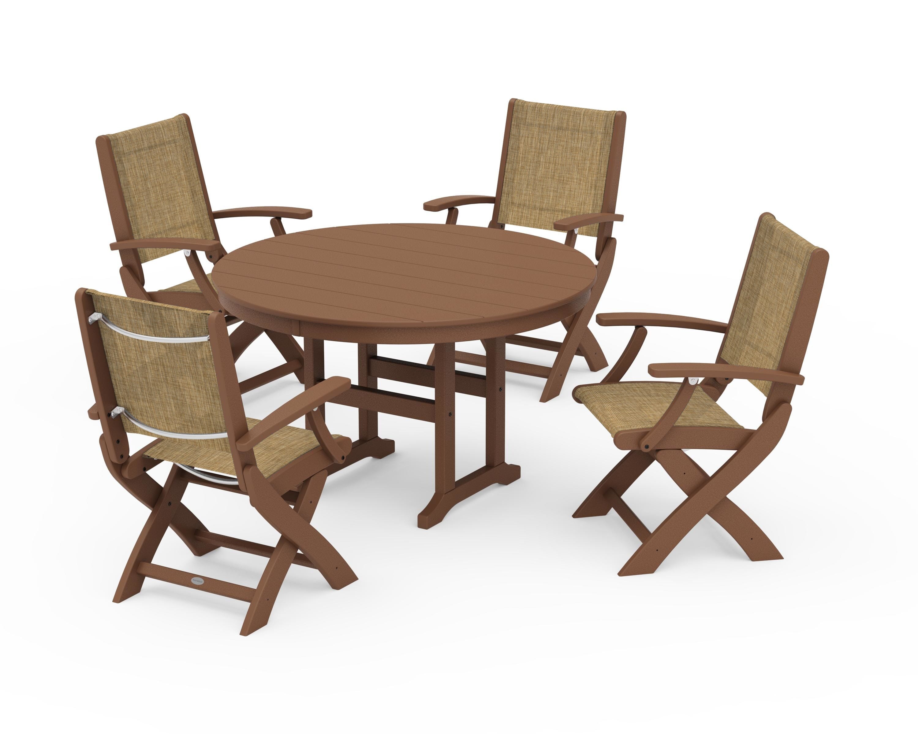 POLYWOOD® Coastal Folding Chair 5-Piece Round Dining Set in Teak / Burlap Sling