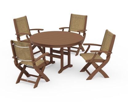 POLYWOOD® Coastal Folding Chair 5-Piece Round Dining Set in Teak / Burlap Sling