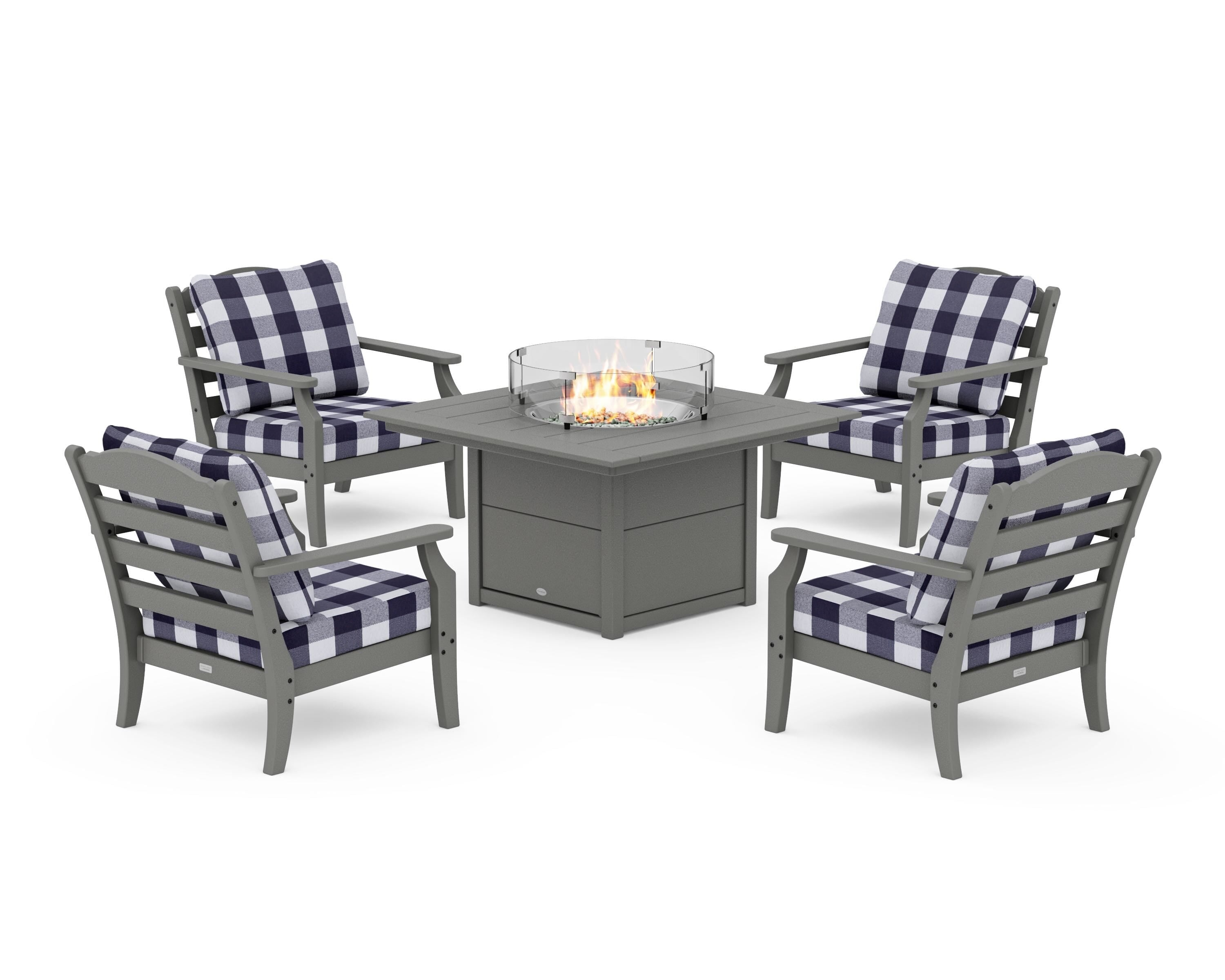 Draper James™ by  POLYWOOD® Savannah 5-Piece Deep Seating Set with Fire Pit Table in Slate Grey / Buffalo Plaid Navy