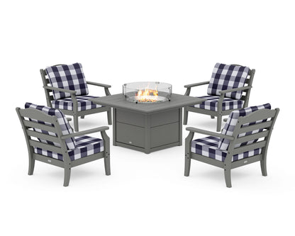 Draper James™ by  POLYWOOD® Savannah 5-Piece Deep Seating Set with Fire Pit Table in Slate Grey / Buffalo Plaid Navy