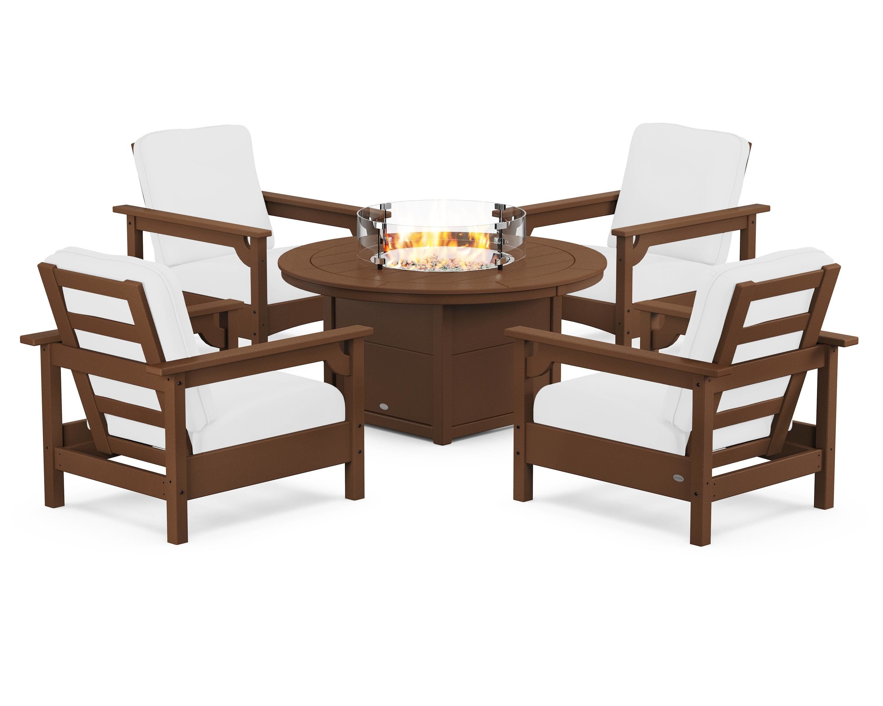 POLYWOOD® Club 5-Piece Conversation Set with Fire Pit Table in Teak / Natural
