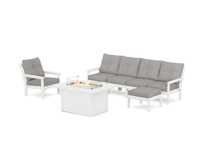 POLYWOOD® Vineyard Sectional Lounge and Fire Pit Set in White / Grey Mist