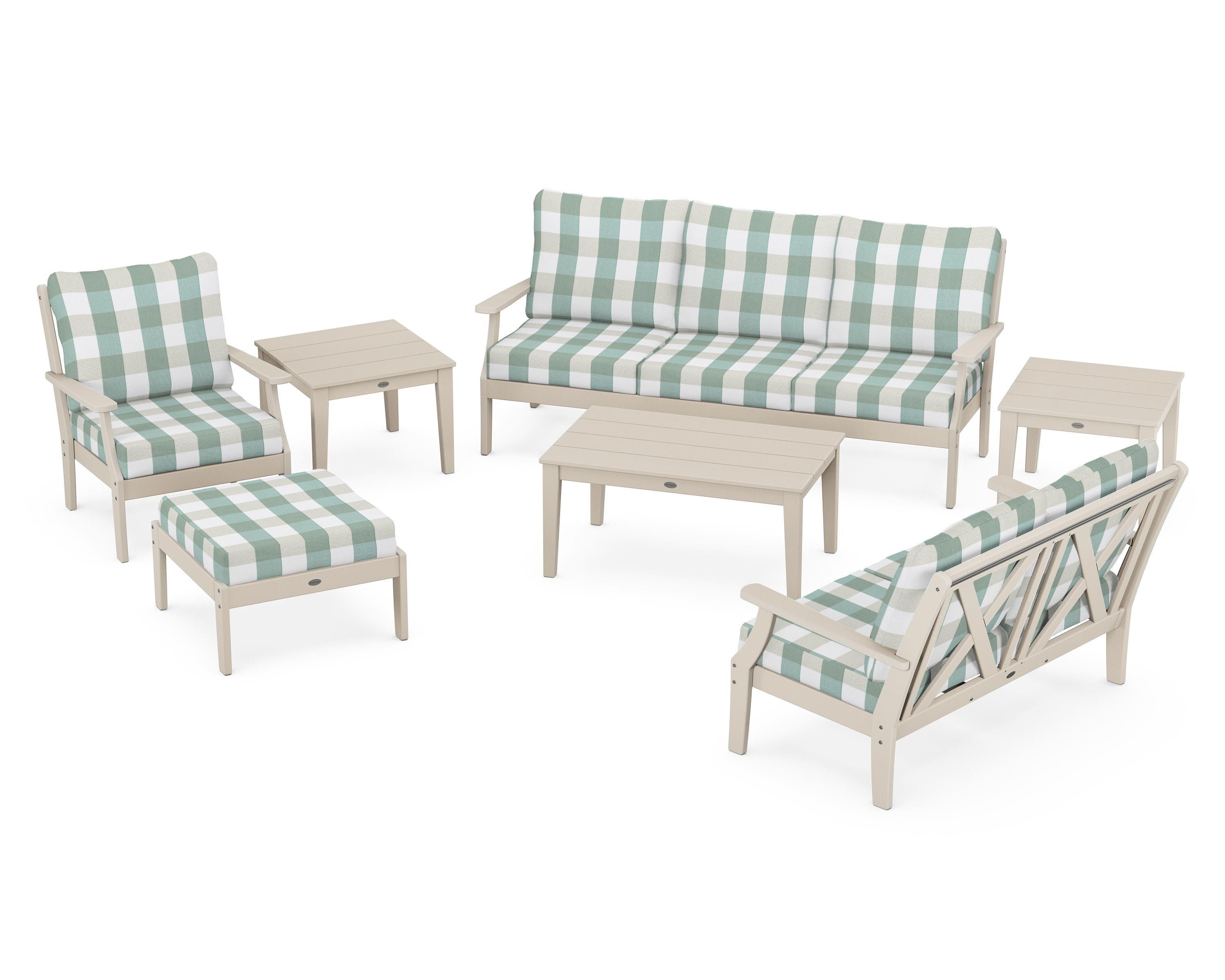 POLYWOOD® Braxton 7-Piece Deep Seating Set in Sand / Buffalo Plaid Glacier Spa