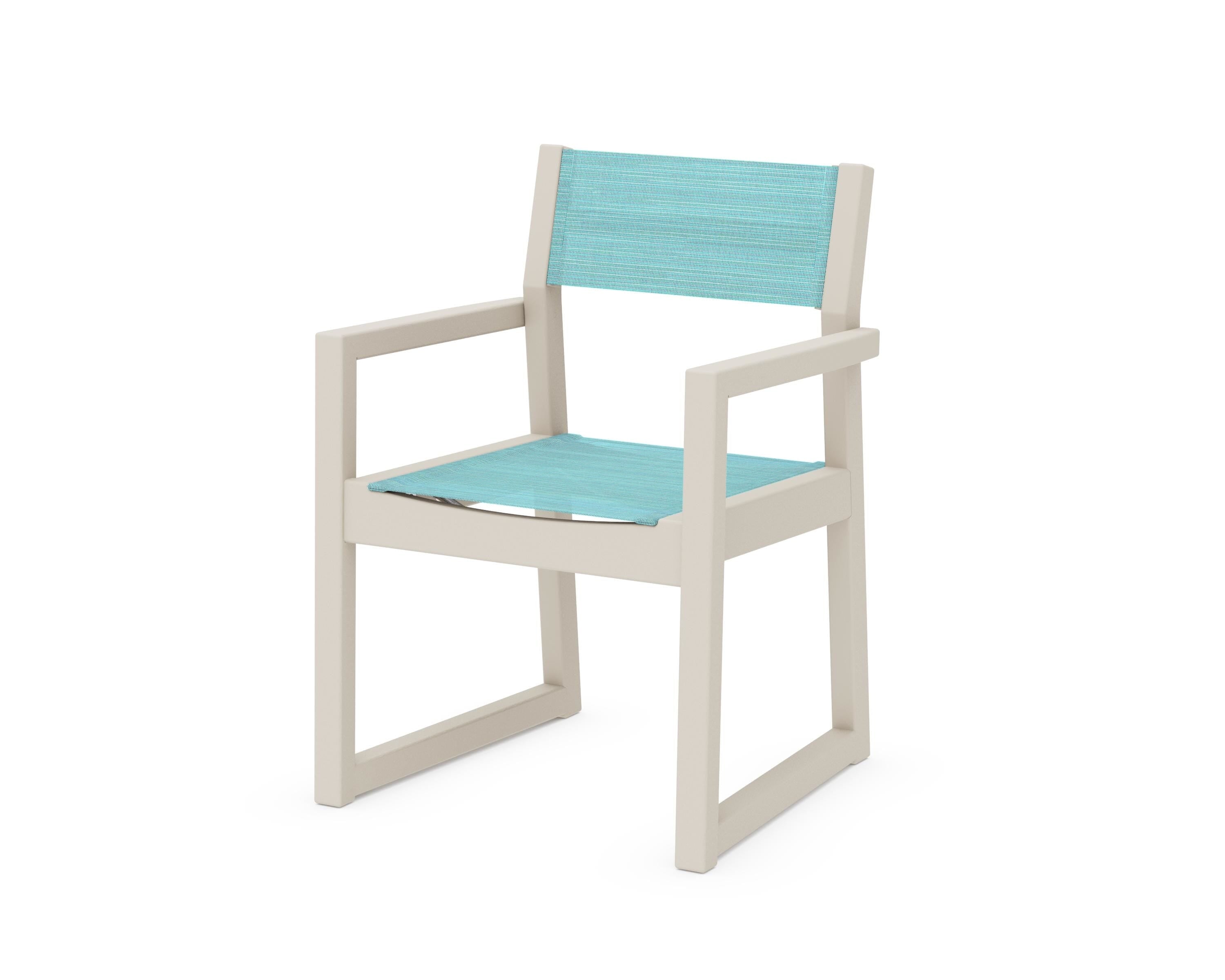 POLYWOOD® EDGE Sling Dining Arm Chair in Sand / Dupioni Aquamarine Sling